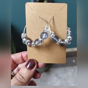 Silver Hoops With Blue Beads & Rhinestones